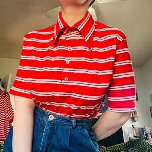 Vintage 70s Red and White Striped Dagger Collar Polo